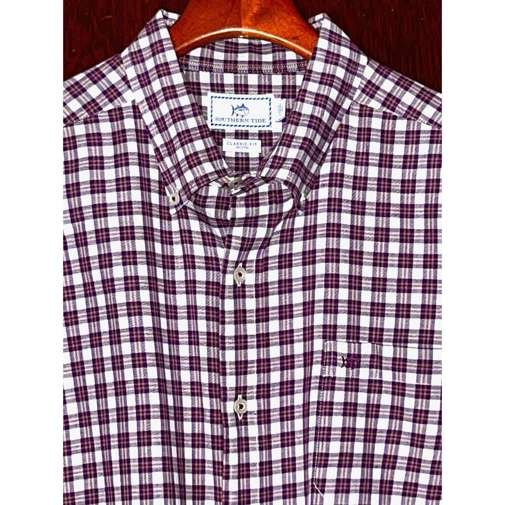 SOUTHERN TIDE PURPLE & WHITE CHECK L/S COTTON SHIRT L / LARGE CLASSIC FIT